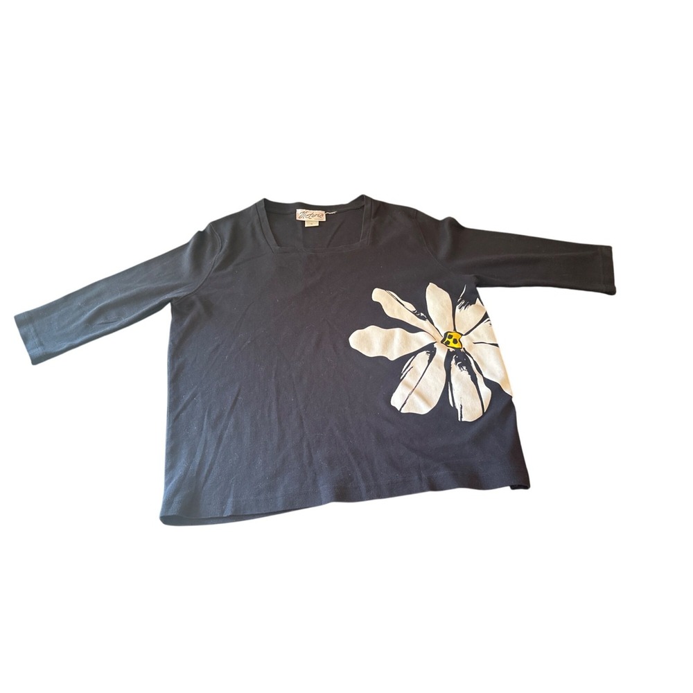 Victoria‎ XL Black T-Shirt With White Floral Print Combed Cotton